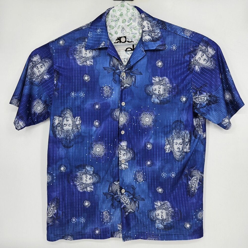 Vtg Third Rail Shirt Mens Large Buddha‎ USA Made Rare Y2K Blue All Over Print